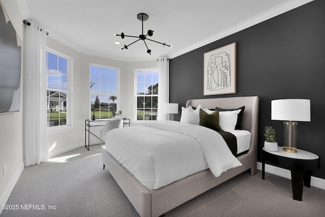 carpeted bedroom featuring an inviting chandelier and ornamental molding