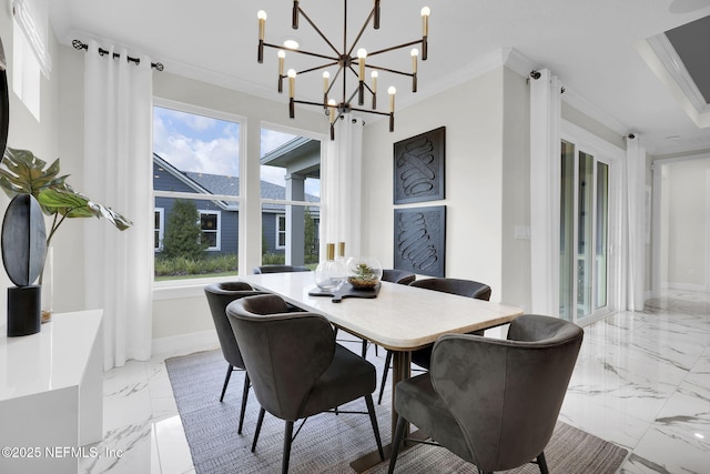 dining space featuring crown molding