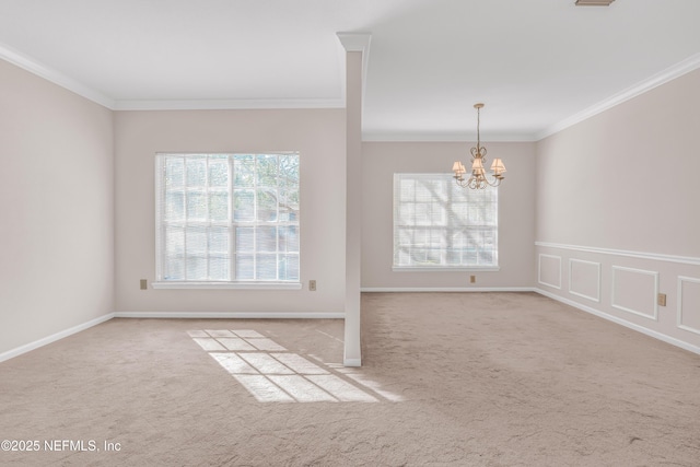 unfurnished room with crown molding, a chandelier, and light carpet