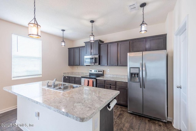 kitchen with sink, decorative light fixtures, a center island with sink, and appliances with stainless steel finishes