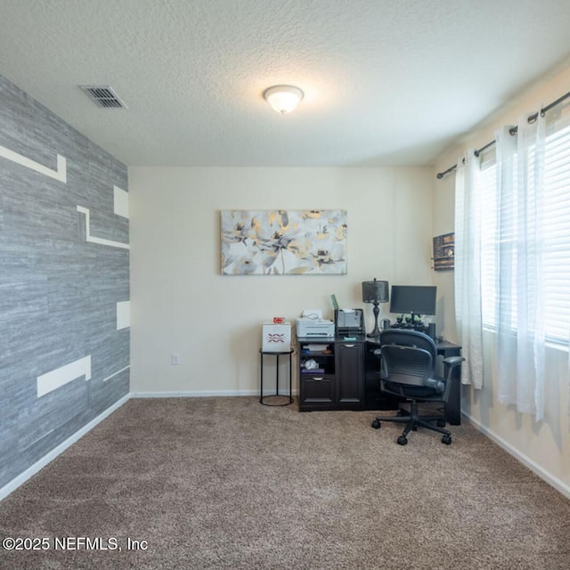 office area featuring carpet and a textured ceiling