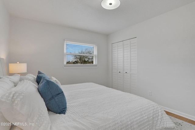 bedroom with wood-type flooring and a closet