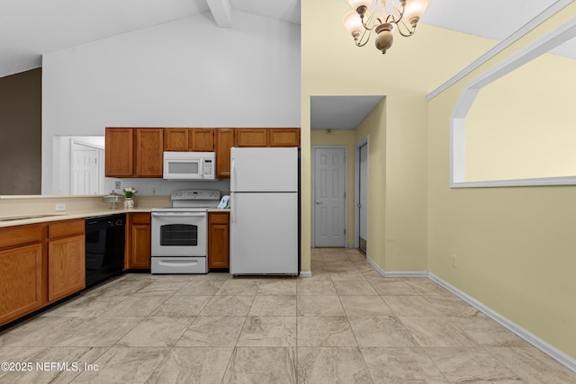 kitchen featuring beamed ceiling, high vaulted ceiling, a chandelier, and white appliances