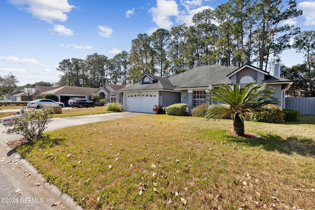 single story home with a garage and a front yard