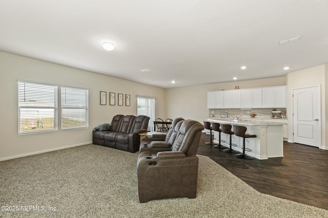 living room with sink and dark hardwood / wood-style flooring