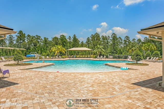 view of pool featuring a patio area and pool water feature