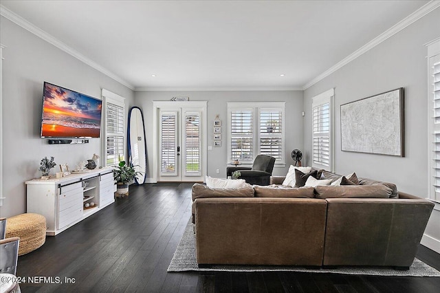 living area with dark wood-style floors, french doors, ornamental molding, and baseboards