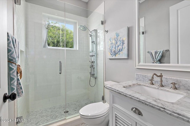 full bathroom with vanity, a shower stall, and toilet