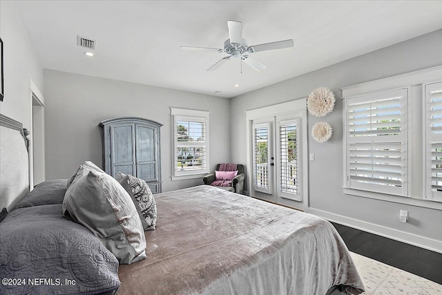 bedroom featuring visible vents, baseboards, access to exterior, french doors, and dark wood-style floors