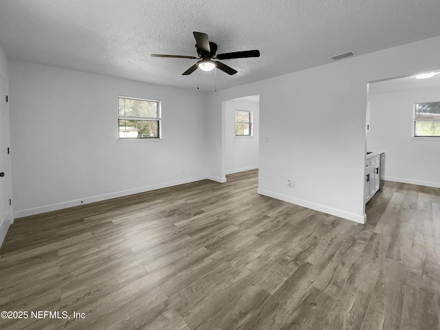 empty room with wood-type flooring, plenty of natural light, ceiling fan, and a textured ceiling