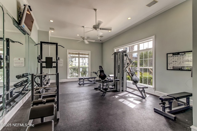 workout area featuring crown molding and ceiling fan