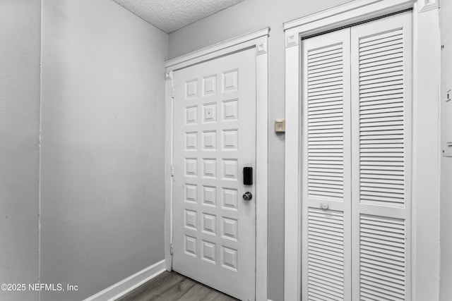 foyer with wood-type flooring and a textured ceiling