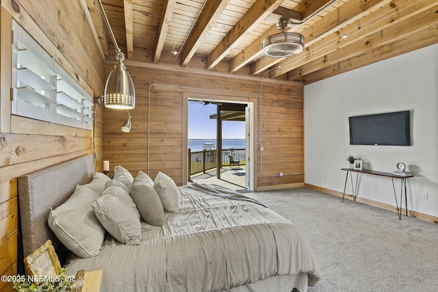 bedroom featuring wooden walls, carpet floors, wood ceiling, access to exterior, and baseboards