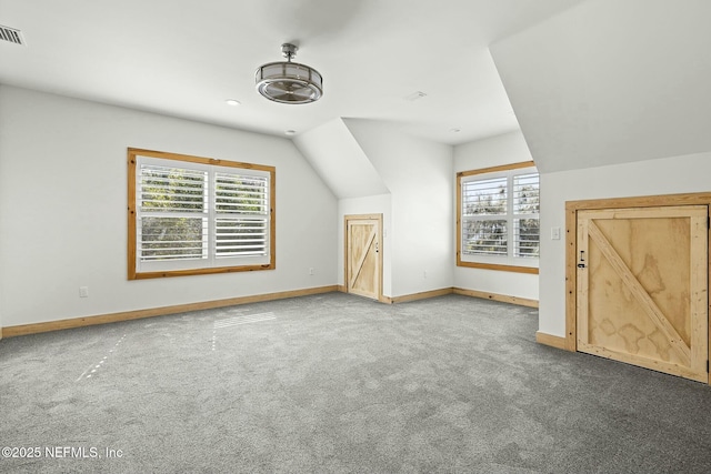 additional living space featuring vaulted ceiling, carpet, a wealth of natural light, and baseboards