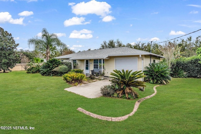 view of front of house with a garage, concrete driveway, and a front lawn