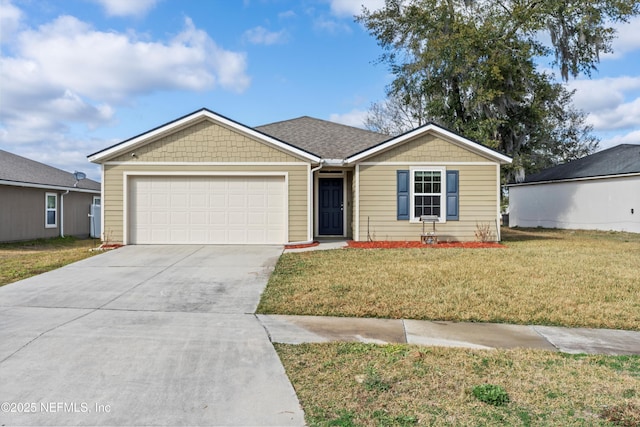 single story home with a garage and a front yard