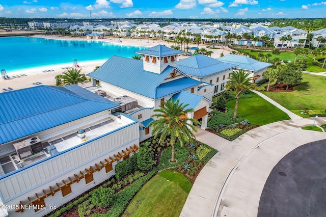 aerial view featuring a water view