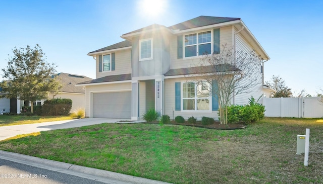 traditional-style house with a garage, fence, driveway, a front lawn, and board and batten siding