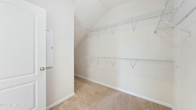 spacious closet with lofted ceiling and light colored carpet