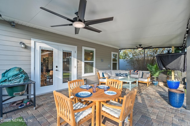 view of patio / terrace with french doors, ceiling fan, and an outdoor hangout area