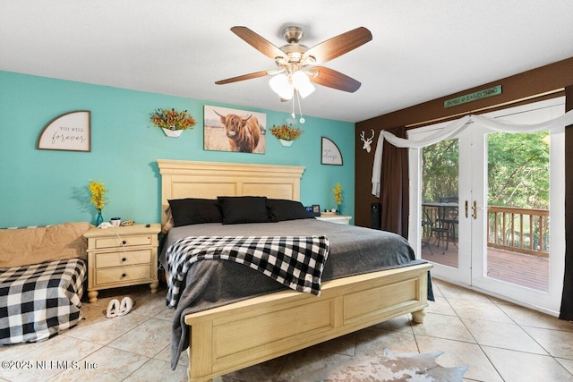 bedroom featuring access to exterior, french doors, ceiling fan, and light tile patterned flooring