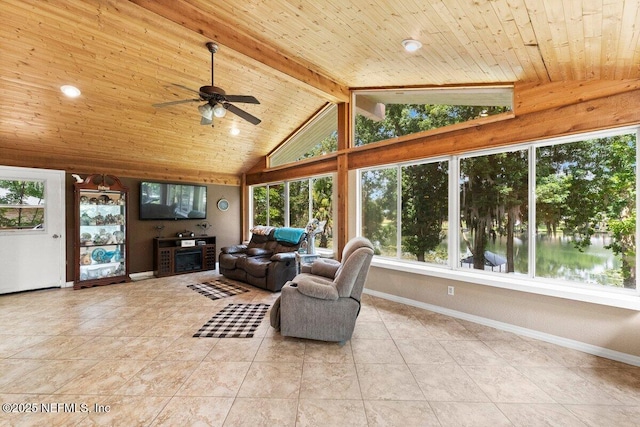 sunroom with vaulted ceiling with beams, wood ceiling, a healthy amount of sunlight, and ceiling fan