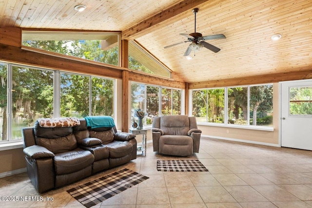 sunroom / solarium with vaulted ceiling with beams, wooden ceiling, and ceiling fan