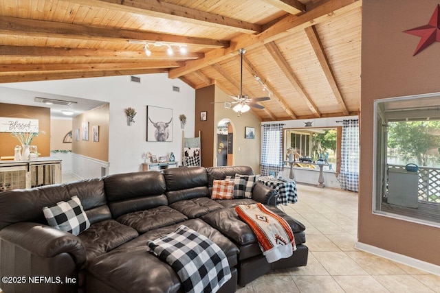 tiled living room with beamed ceiling, high vaulted ceiling, and wooden ceiling