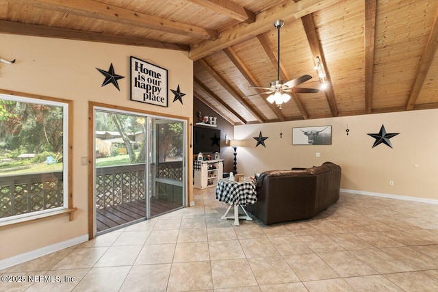 unfurnished living room with lofted ceiling with beams, light tile patterned floors, wooden ceiling, and ceiling fan