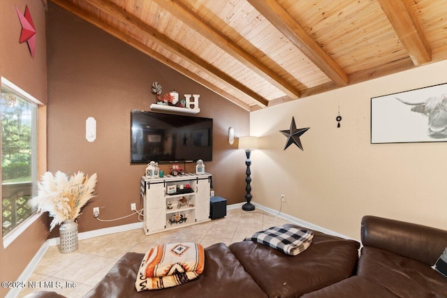 living room with lofted ceiling with beams, light tile patterned flooring, and wooden ceiling