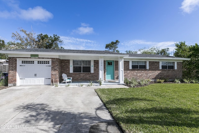 single story home with a garage and a front yard