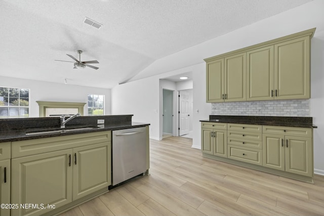 kitchen with light wood-type flooring, lofted ceiling, sink, stainless steel dishwasher, and decorative backsplash