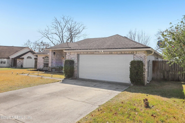 ranch-style home with a garage and a front lawn