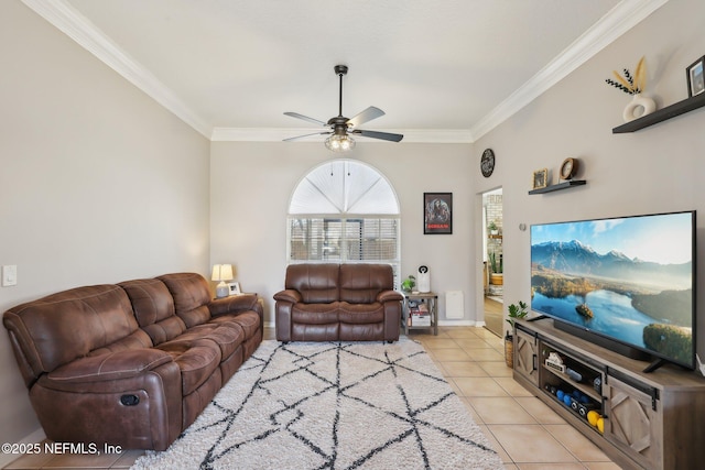 tiled living room featuring ornamental molding and ceiling fan