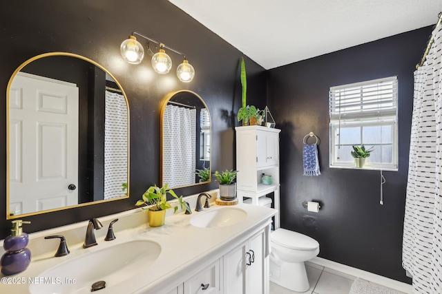 bathroom with tile patterned flooring, vanity, and toilet