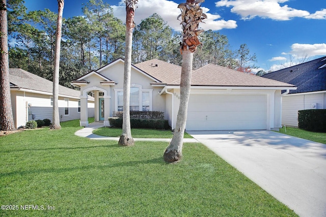 ranch-style house with a garage and a front lawn