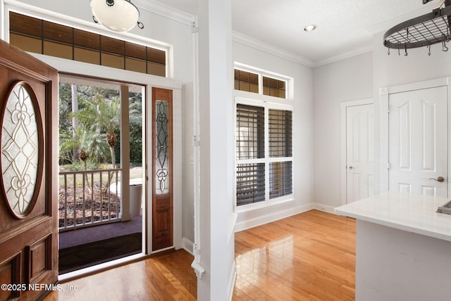 entrance foyer featuring wood-type flooring and ornamental molding