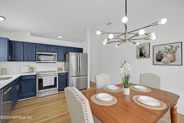 dining room featuring sink, a notable chandelier, and light hardwood / wood-style floors