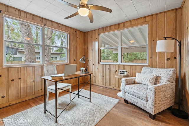 home office featuring ceiling fan, light hardwood / wood-style floors, and wood walls