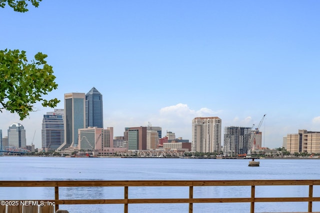 property's view of city featuring a water view