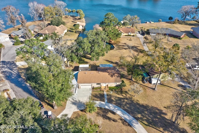 drone / aerial view featuring a water view