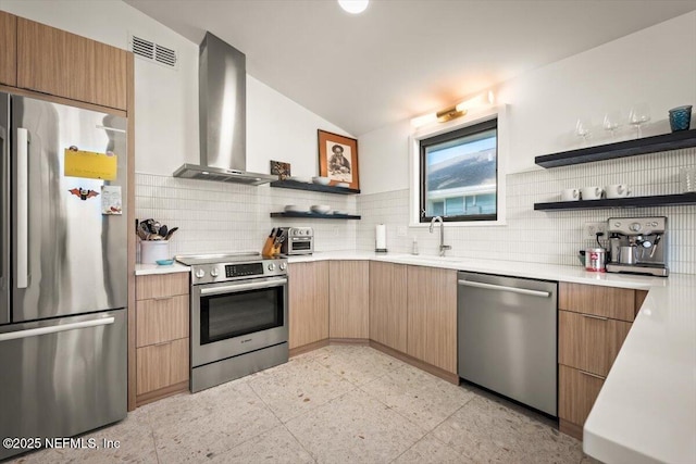 kitchen featuring wall chimney range hood, backsplash, stainless steel appliances, and sink