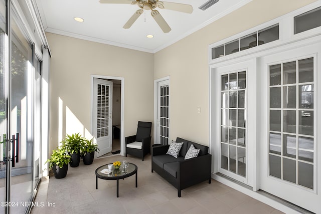 interior space with ornamental molding, a ceiling fan, visible vents, and recessed lighting