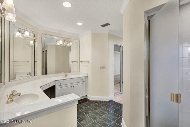 full bathroom featuring visible vents, tile patterned floors, a textured ceiling, vanity, and crown molding