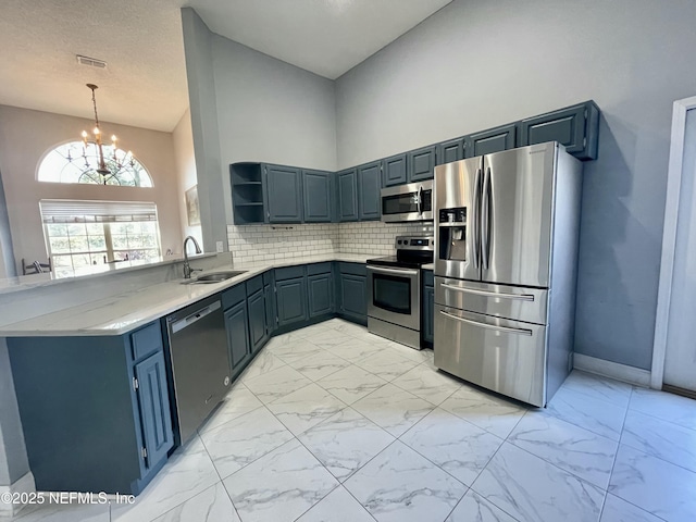 kitchen featuring sink, appliances with stainless steel finishes, pendant lighting, a high ceiling, and backsplash