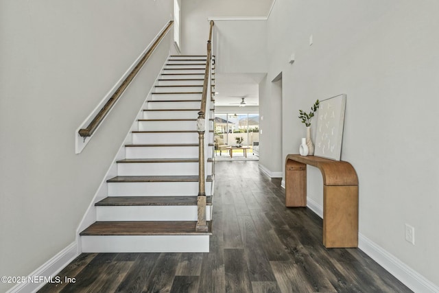 stairway with hardwood / wood-style floors and ceiling fan