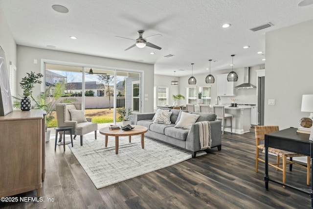 living room featuring ceiling fan, dark hardwood / wood-style floors, sink, and a textured ceiling