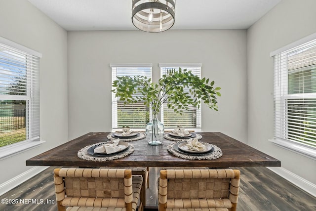 dining area featuring dark wood-type flooring