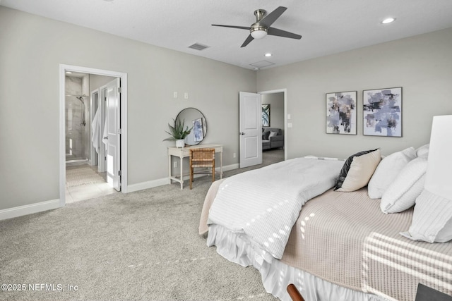 bedroom featuring light colored carpet and ceiling fan