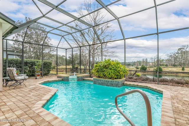 2095 Crown Dr, Saint Augustine, FL 32092 - view of pool featuring a patio, a water view, a pool with connected hot tub, and glass enclosure